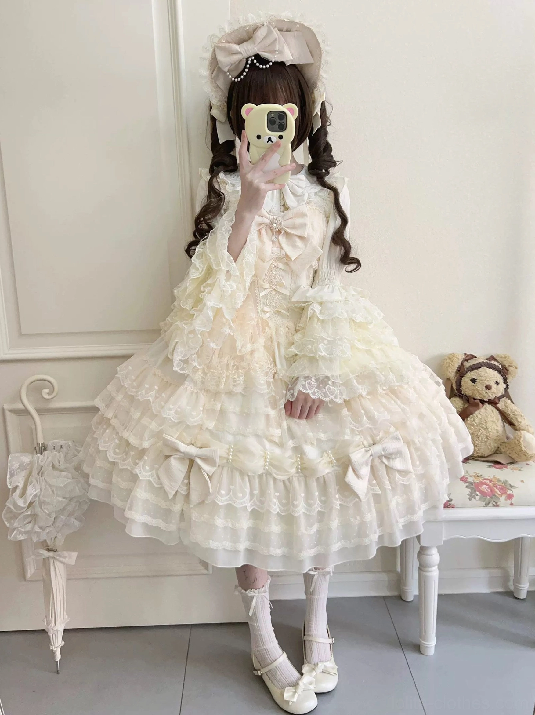 Dream Prelude Lolita JSK dress color variations display showing multiple color options pink blue white black apricot