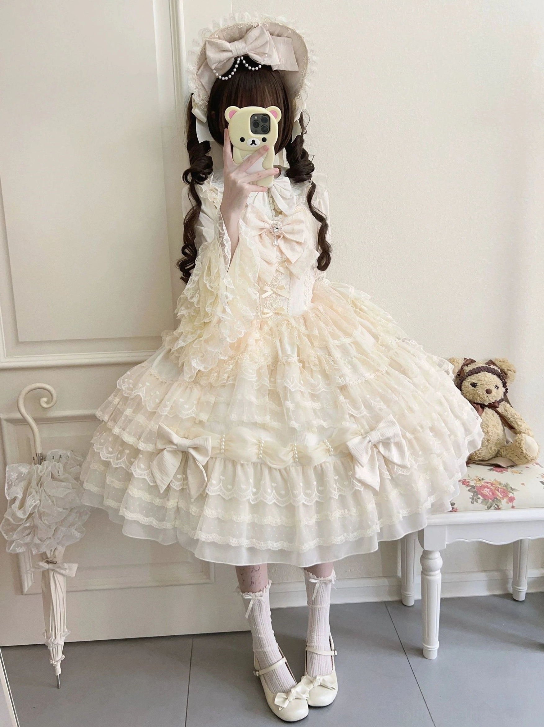 Princess Lolita JSK dress with matching bonnet headpiece showing complete coordinate styling for formal occasions