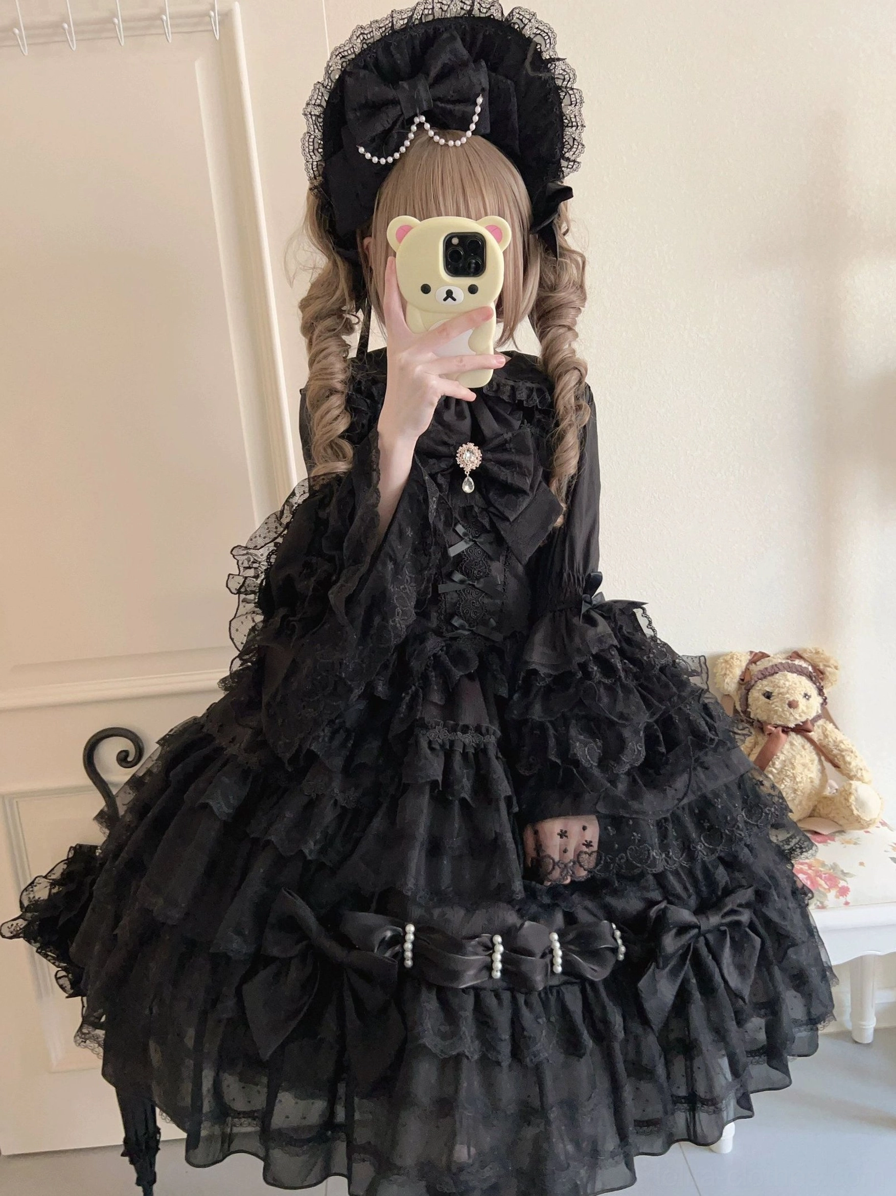 Princess Lolita JSK dress waist bow and pearl decoration detail showing satin bow construction and placement