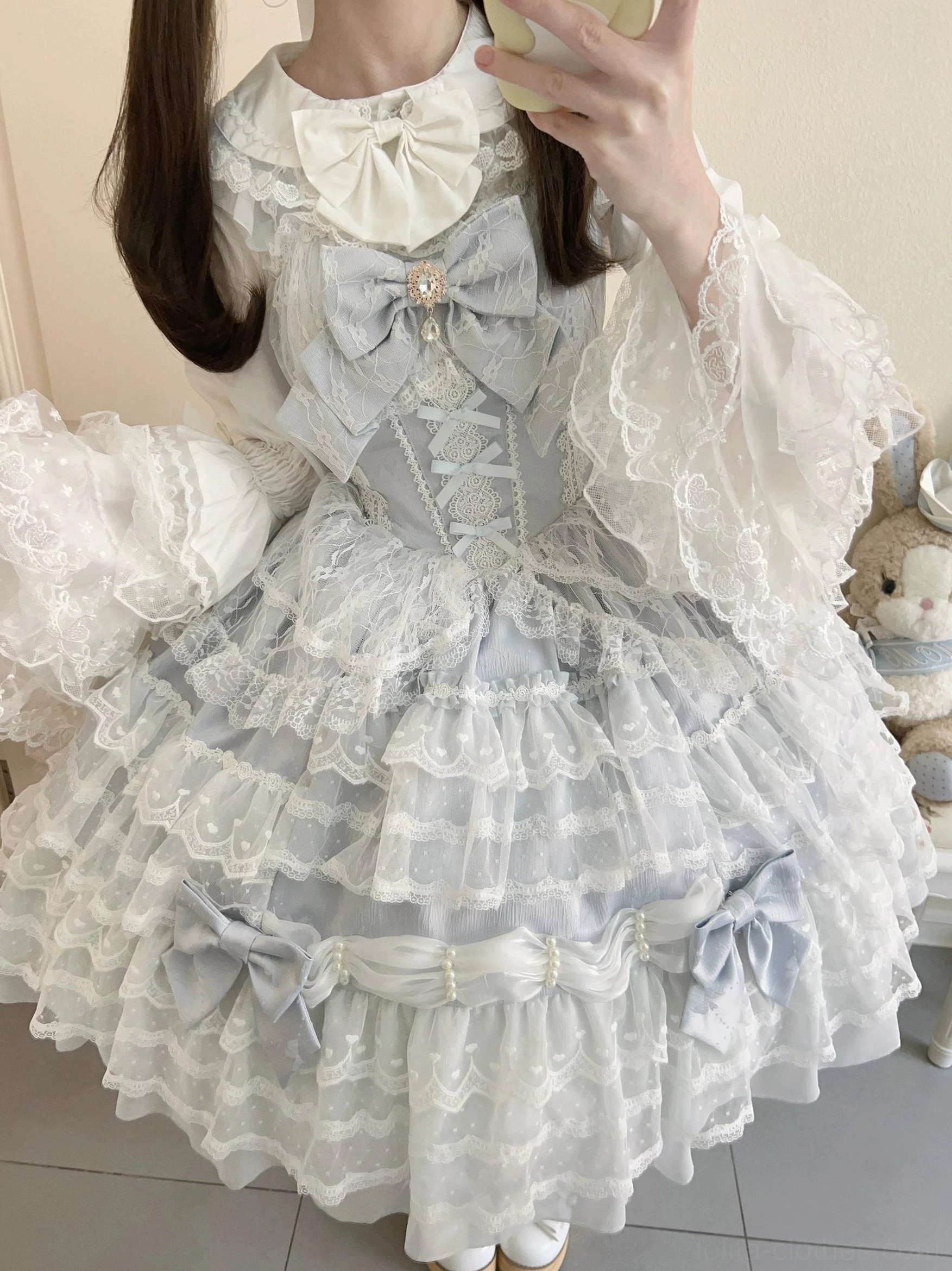 Princess sleeves Lolita blouse with voluminous puffed sleeves pearl-trimmed cuffs and heart lace details displayed separately