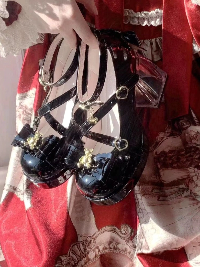 Dreamy bear sweet lolita platform heels quality craftsmanship showcase, artisanal production details, embedded bear charm assembly quality, premium construction demonstration, attention to detail manufacturing