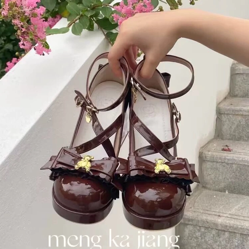 Dreamy bear sweet lolita platform heels size comparison display showing multiple sizes, EU sizing demonstration, fit guide reference, size chart visual representation, variety of available sizes