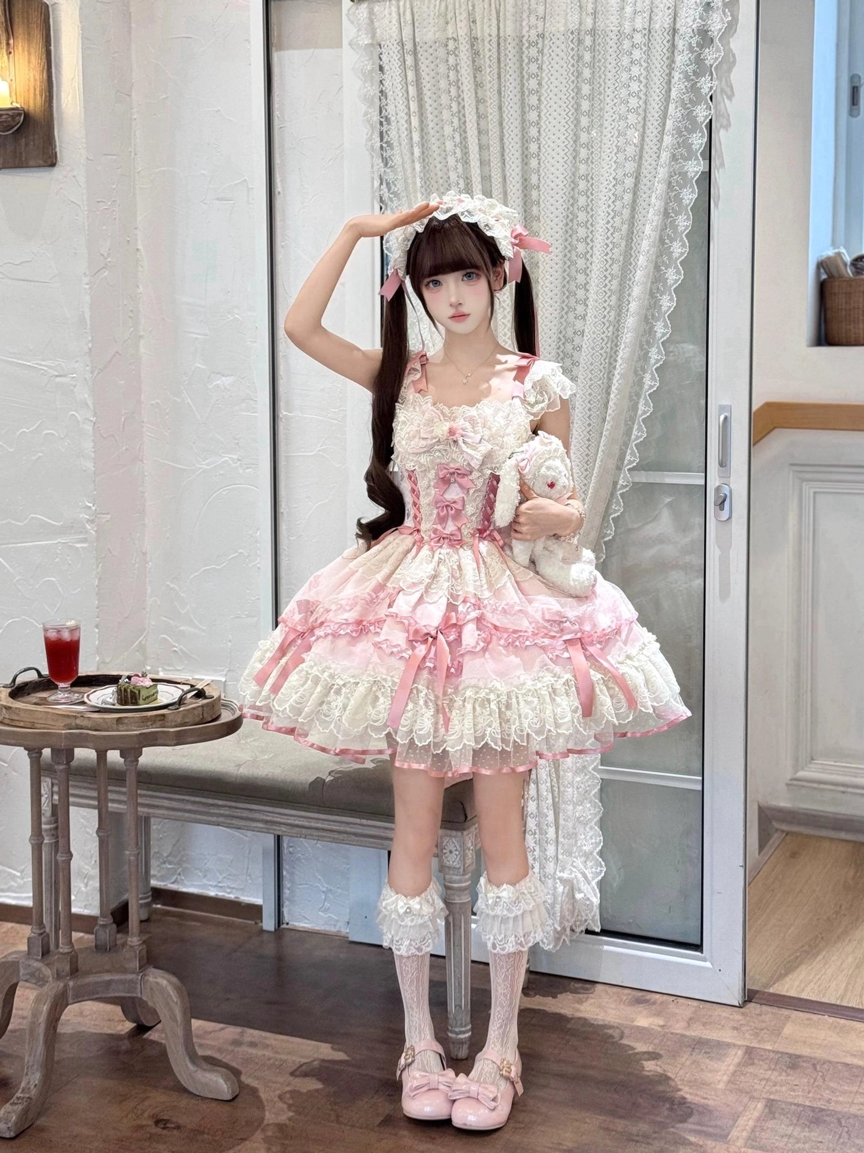 Dreamy Butterfly ballet-style sweet lolita JSK dress detail shot showcasing intricate lace construction, bow embellishments, and delicate fabric work characteristic of premium lolita fashion