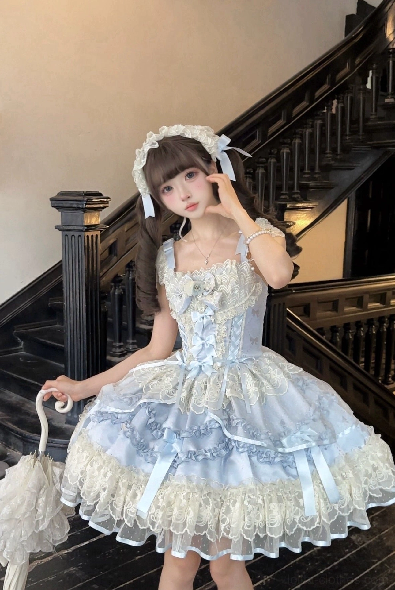 Dreamy Butterfly JSK dress hem detail showing ruffled lace trim and layered construction, demonstrating the meticulous attention to detail characteristic of quality sweet lolita garments