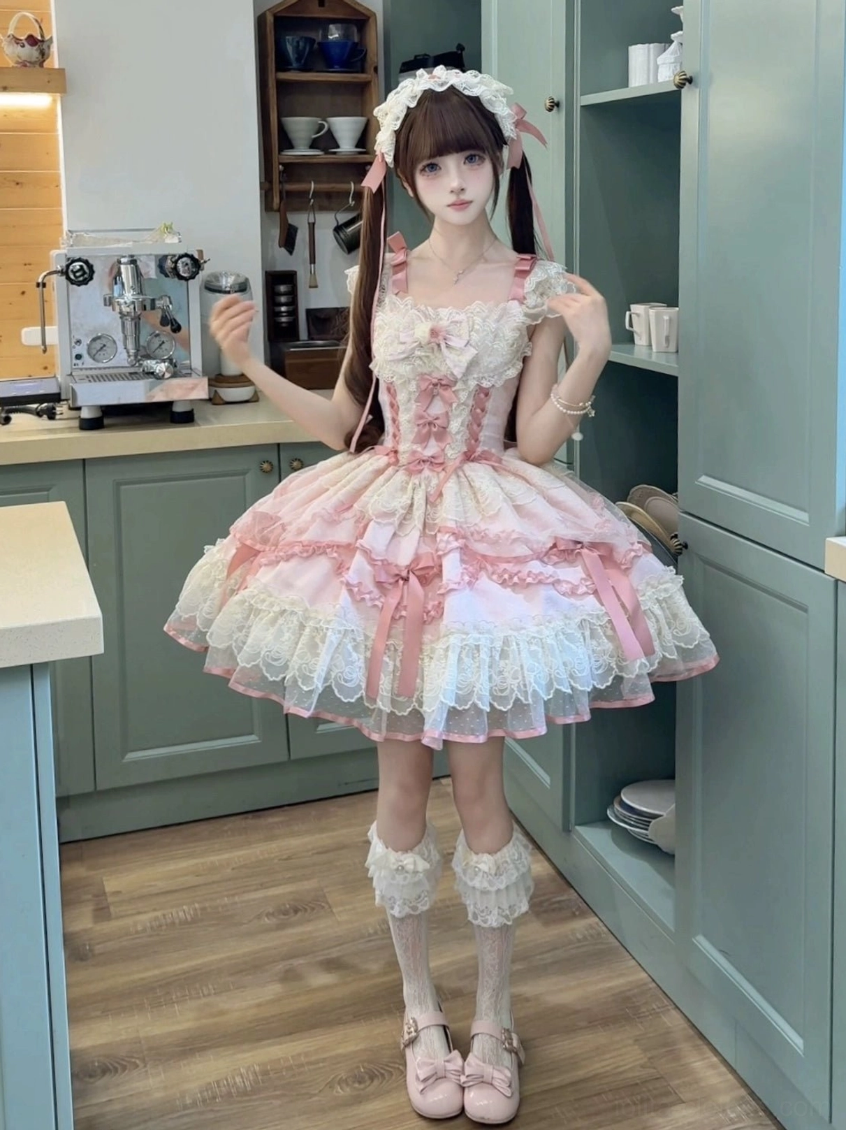 Sweet lolita jumper skirt side profile view displaying the voluminous layered skirt silhouette, high-waisted design, and graceful drape essential to the ballet-inspired aesthetic