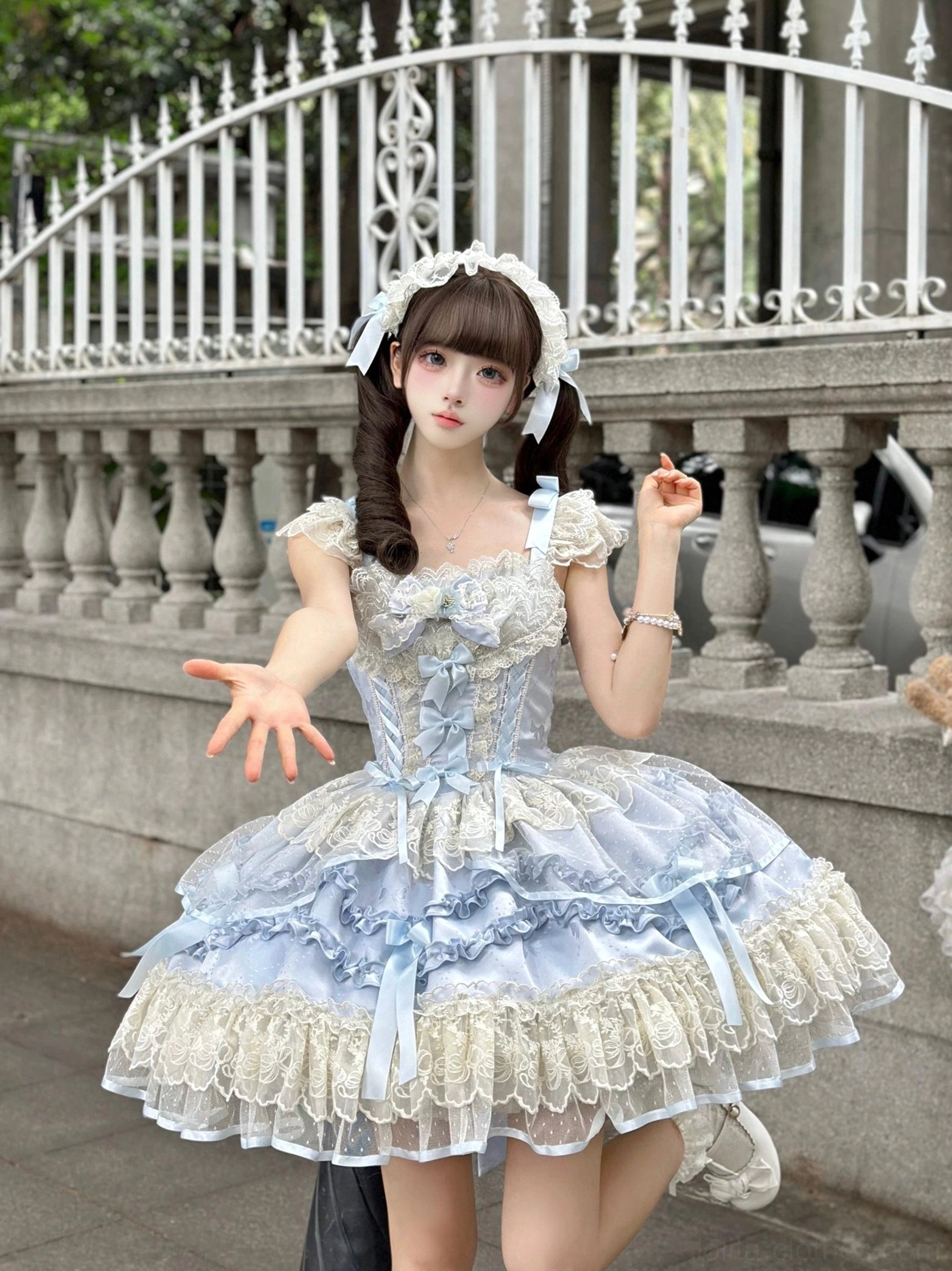 Dreamy Butterfly ballet-inspired sweet lolita jumper skirt three-quarter view showing overall silhouette balance, layered volume, and design harmony from multiple angles