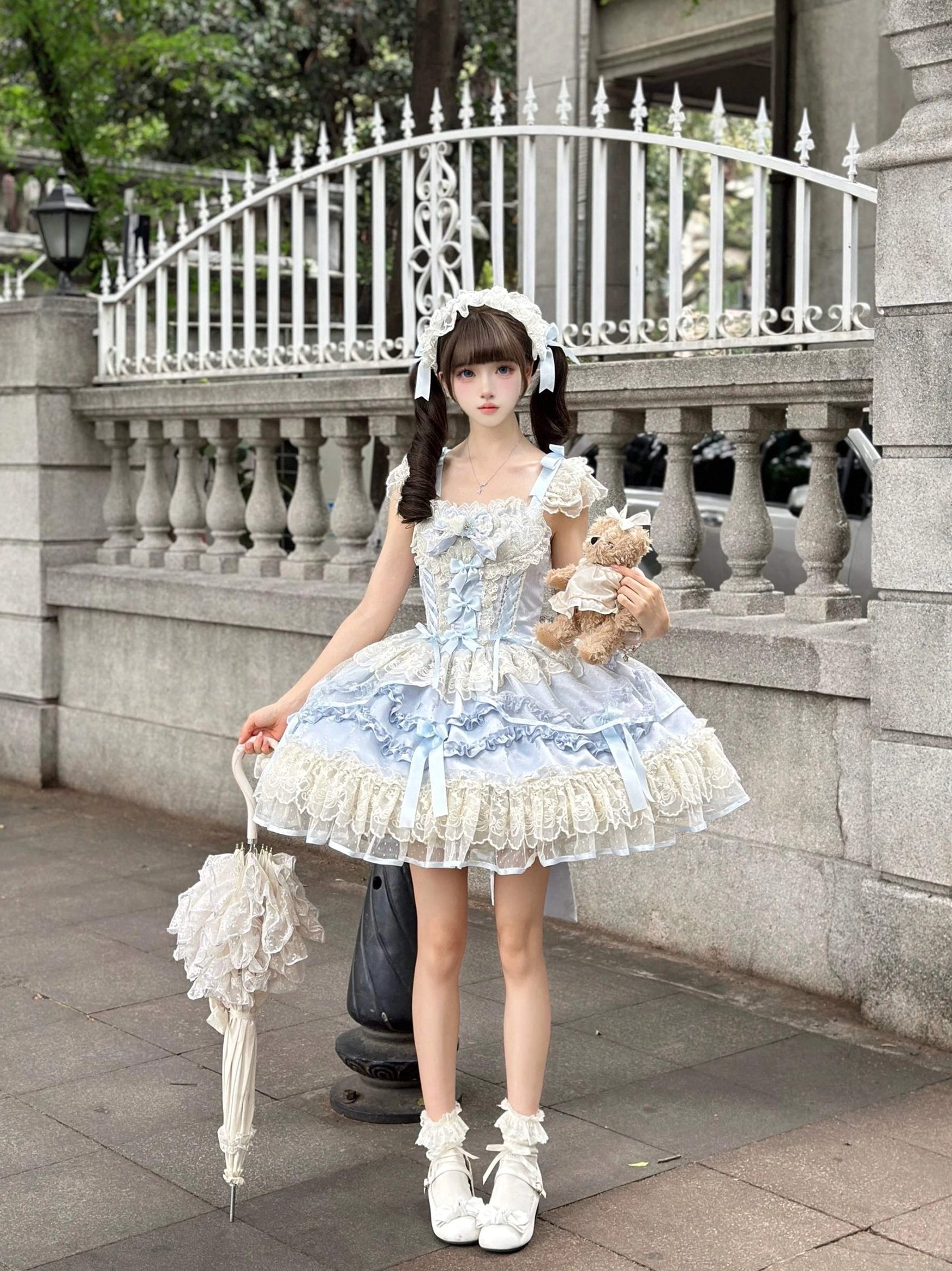 Ballet-style sweet lolita jumper skirt with optional trailing bow detail showing the large decorative back bow that elevates the garment for special occasions and photography