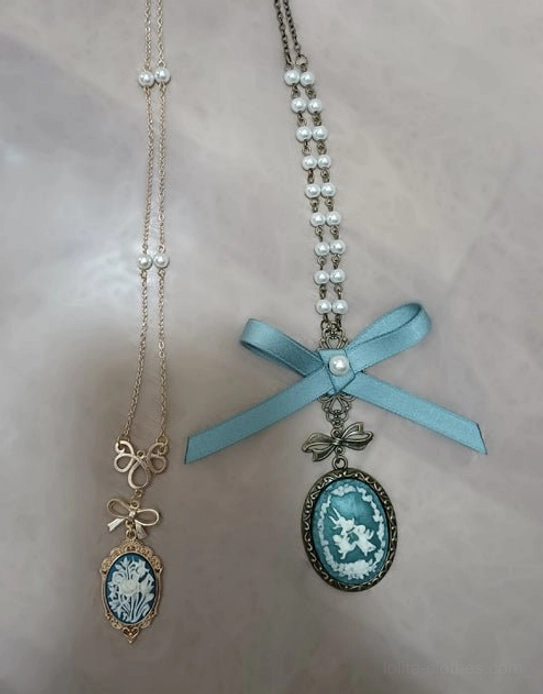 Two cameo lolita necklaces blue satin bow variant and floral design grey-green bow premium variant jewelry