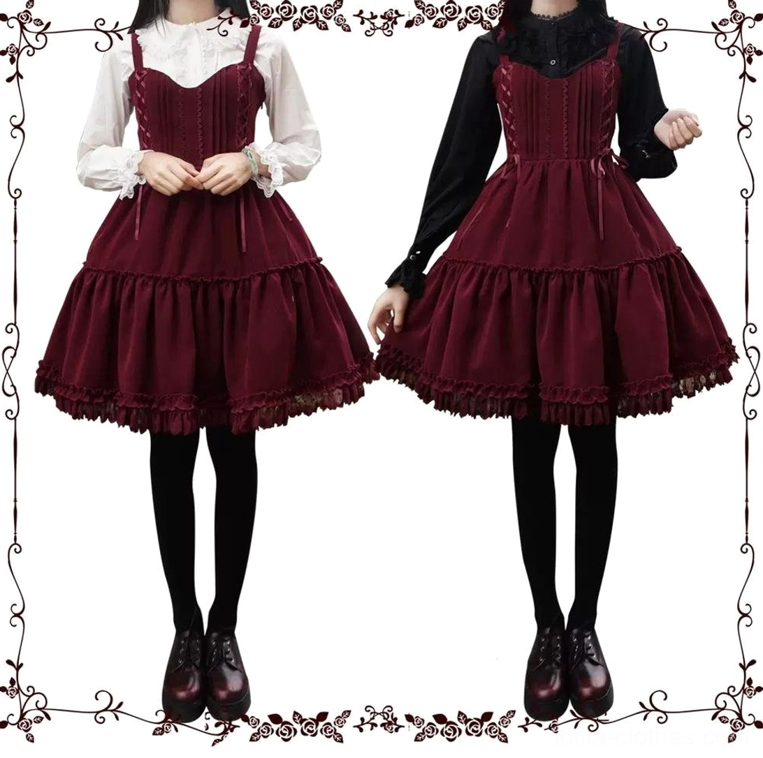 Two matching lolita coordinate sets side-by-side front view burgundy jsk with white and black inner blouses black tights brown shoes