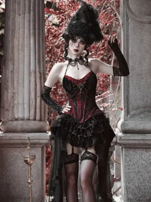 Duchess velvet gothic lolita three-piece set front three-quarter view featuring halter corset camisole with beaded chain detail and tiered ruffled tulle skirt