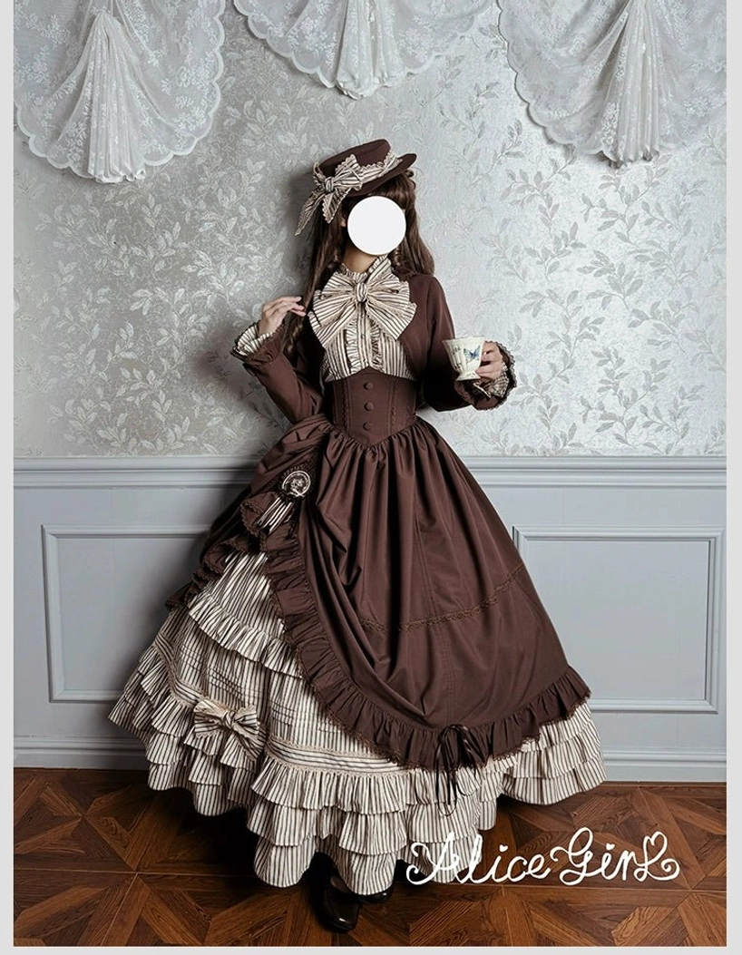 Duke of Victoria classic lolita brown bolero jacket yarn-dyed striped cotton material corset silhouette cropped length flat lay sizing detail