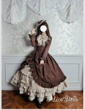 Duke of Victoria classic lolita brown full set side standing view with cream striped ruffled underskirt large bow necktie matching formal top hat complete coordinate