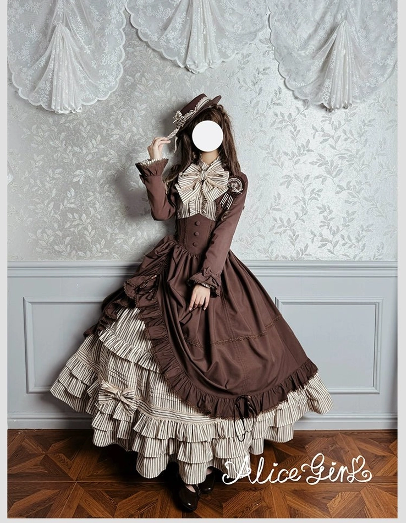 Duke of Victoria classic lolita brown full set side standing view with cream striped ruffled underskirt large bow necktie matching formal top hat complete coordinate