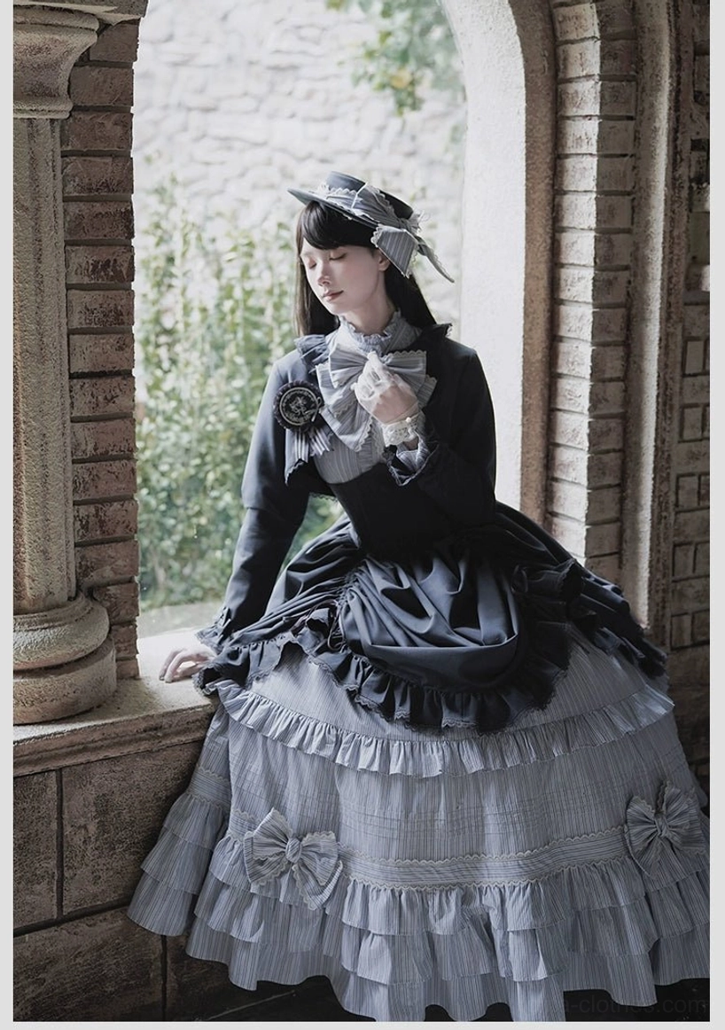 Duke of Victoria classic lolita gray tone ruffled bustle skirt side leaning window pose striped underskirt bow motifs matching hair accessory hat vintage aesthetic