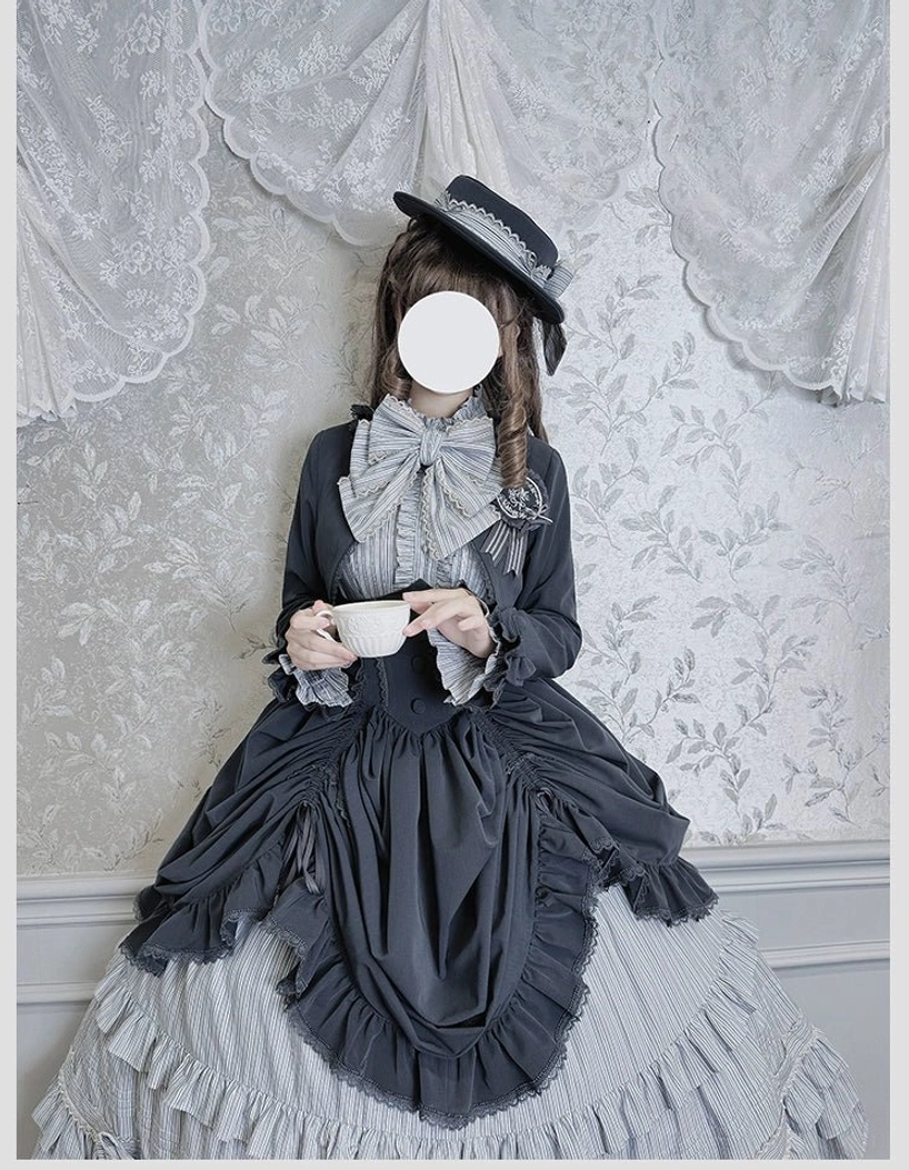 Duke of Victoria classic lolita high-waist overskirt side zipper back shirring lace-up closure liftable hem detachable bow back feature flat lay