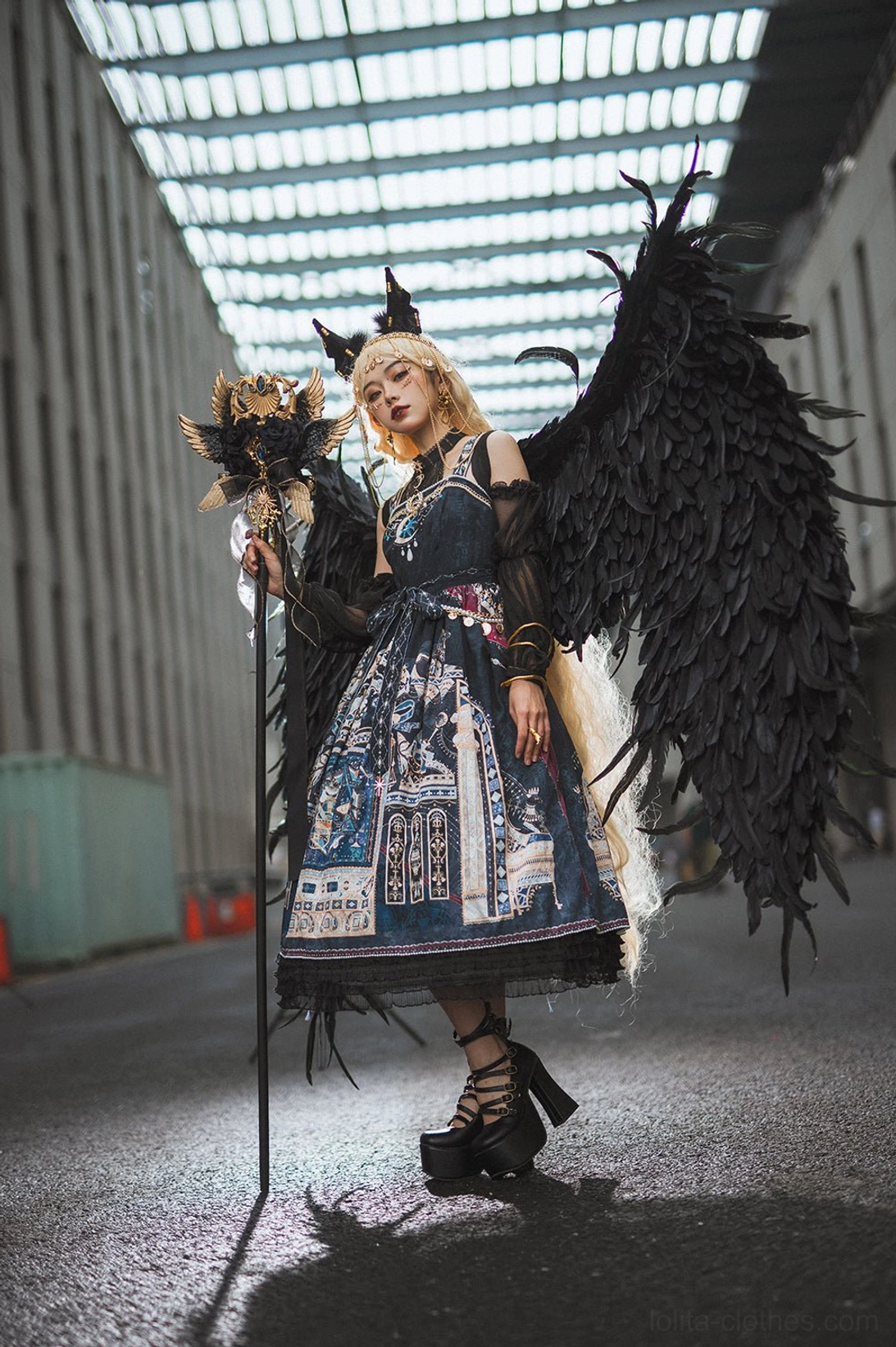 Black Egyptian Lolita JSK Dusk Bester front full-body view celestial print tiered skirt design
