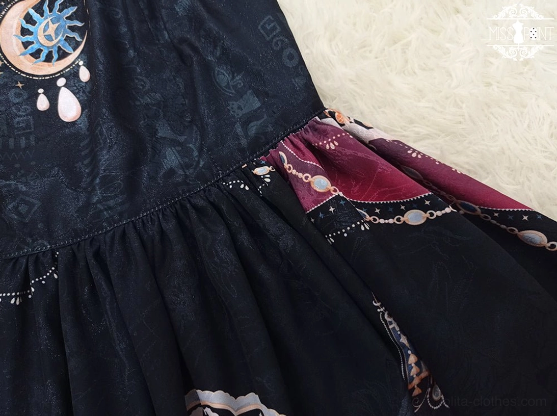 Dusk Bester black Egyptian Lolita JSK three-quarter view showing gothic aesthetic tiered design