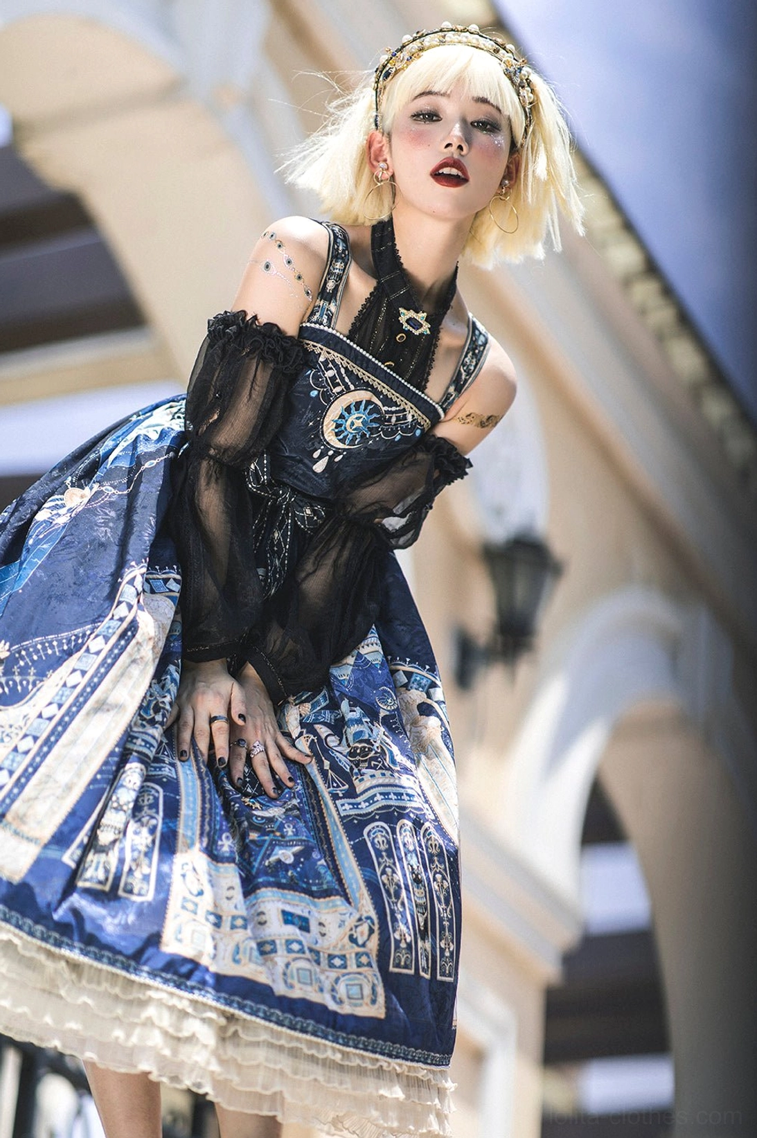 Egyptian Lolita JSK styling guide showing alternative color options black ivory cyan celestial print variations