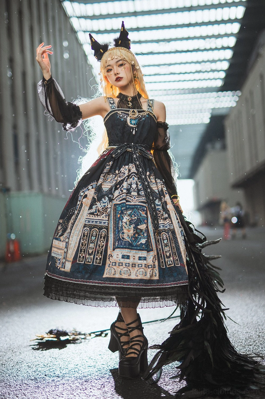 Egyptian Lolita JSK full ensemble photograph showcasing styling with complementary blouse and accessories