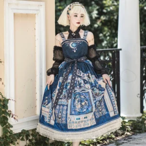 Egyptian casual Lolita JSK dress in cyan featuring celestial print and tiered lace flounce front full-body view