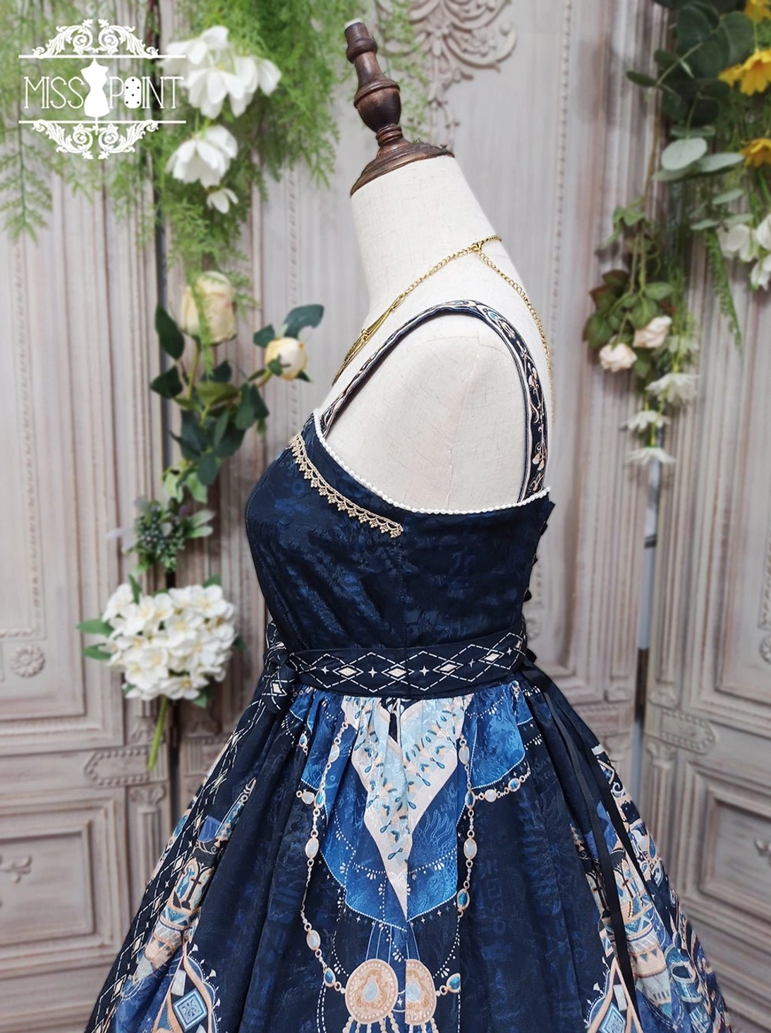 Dusk Bester Egyptian Lolita JSK detail shot showing chiffon material drape and lace overlay