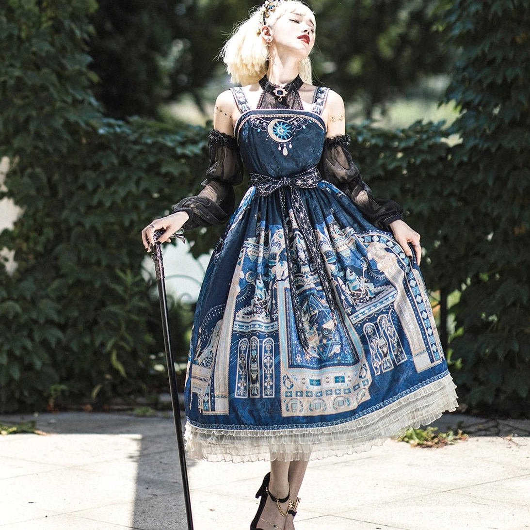 Navy blue Egyptian casual Lolita JSK side profile showing full silhouette tiered layers and lace hem details