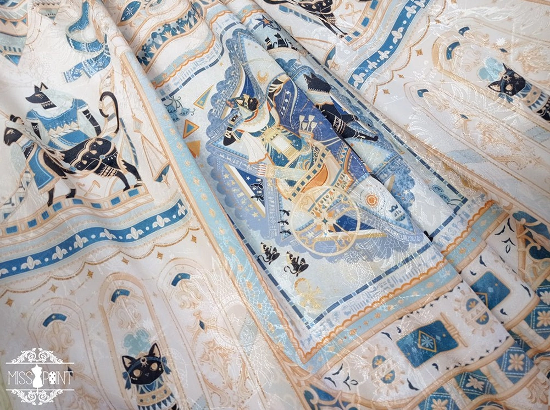 Dusk Bester Egyptian Lolita JSK print clarity close-up showing celestial star moon sun Bastet design