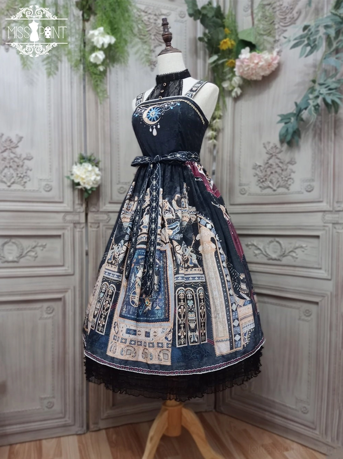 Egyptian Lolita JSK print detail featuring stars moon sun and Bastet cat god mythological imagery