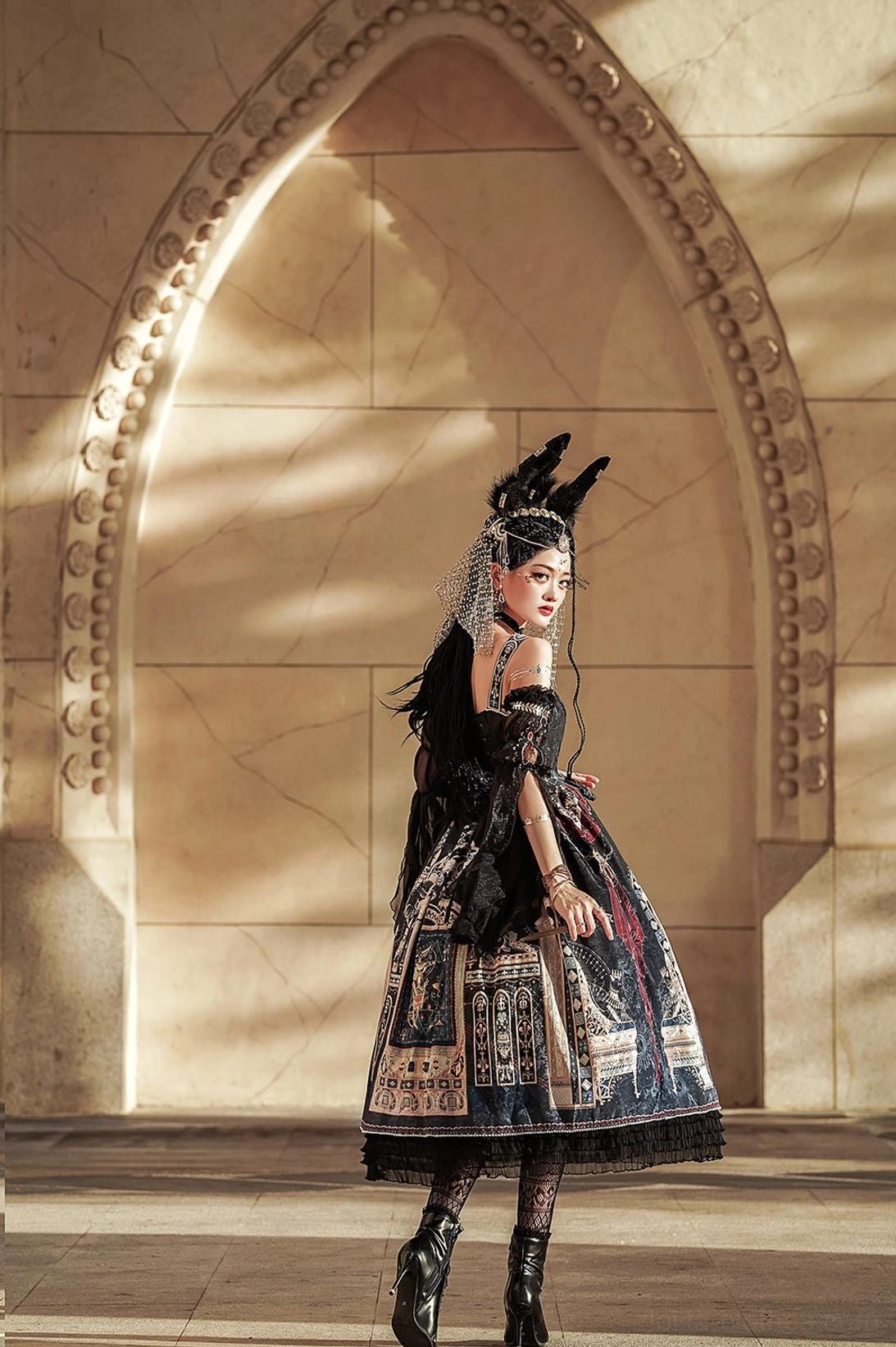 Dusk Bester Egyptian Lolita JSK skirt hem detail showing gold lace tiered construction and print clarity