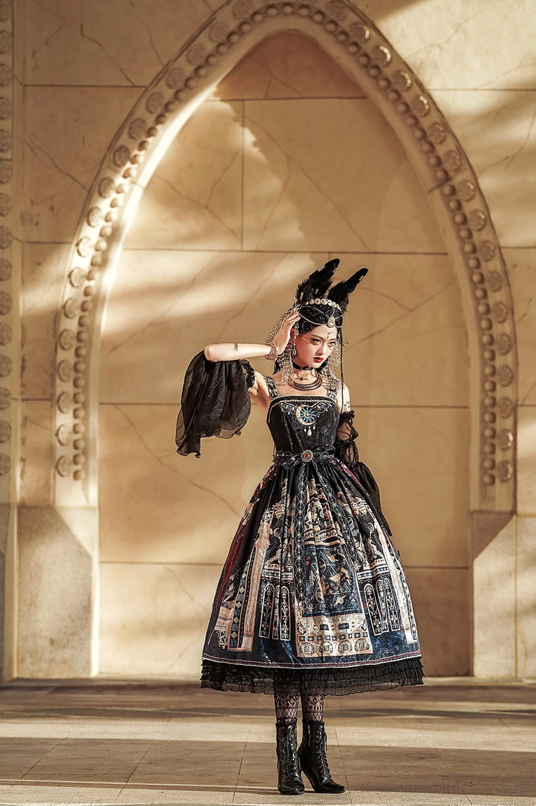 Egyptian casual Lolita JSK waist detail showing adjustable sash belt and gold lace accent placement