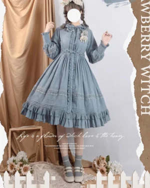 dusty blue lolita one-piece dress jacquard fabric front button placket chest floral brooch lace trimmed cuffs and skirt hem