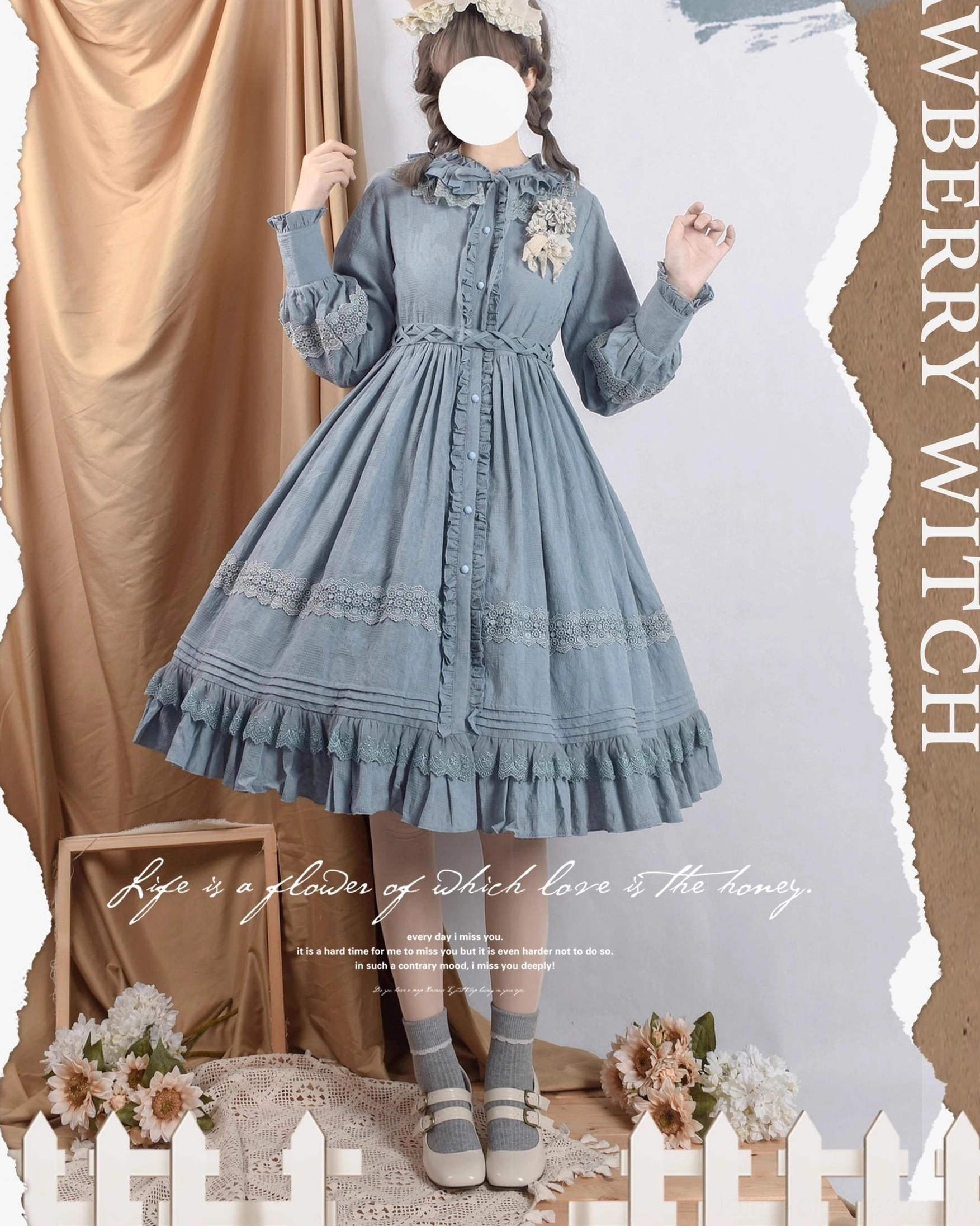 dusty blue lolita one-piece dress jacquard fabric front button placket chest floral brooch lace trimmed cuffs and skirt hem