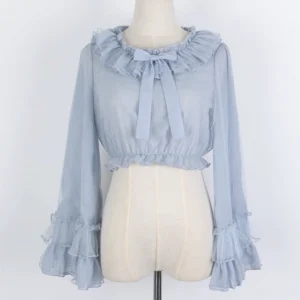 Dusty blue long-sleeve lolita blouse with ruffled lace collar and satin bow, cropped chiffon hem, displayed on dress form front flat view
