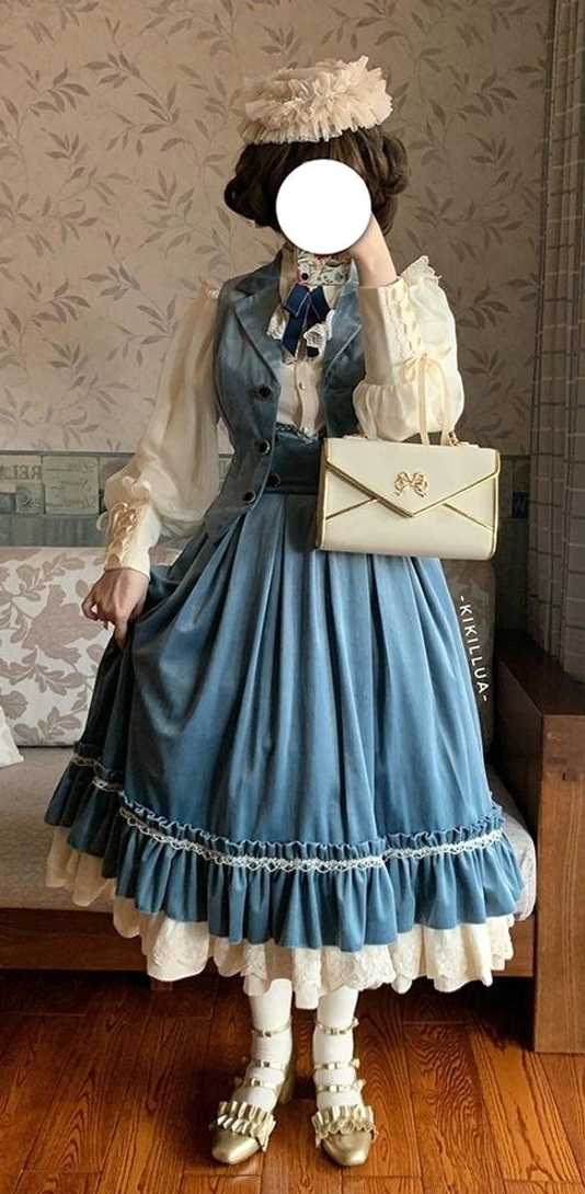 Dusty blue velvet lolita waistcoat dress set with white lace trim and puffed sleeves inner blouse