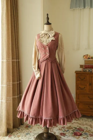 Dusty pink lolita vest skirt blouse three-piece set classic style tailored waist ruffled hem mannequin