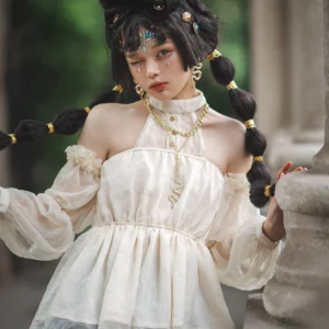 Dusk Bester Egyptian halter off-shoulder cream lolita blouse front three-quarter view with gold necklace styling