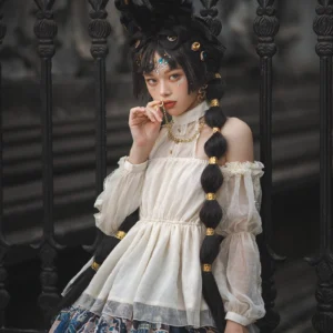 Egyptian lolita halter blouse side profile showing ruffled sheer puff sleeves and empire waist silhouette