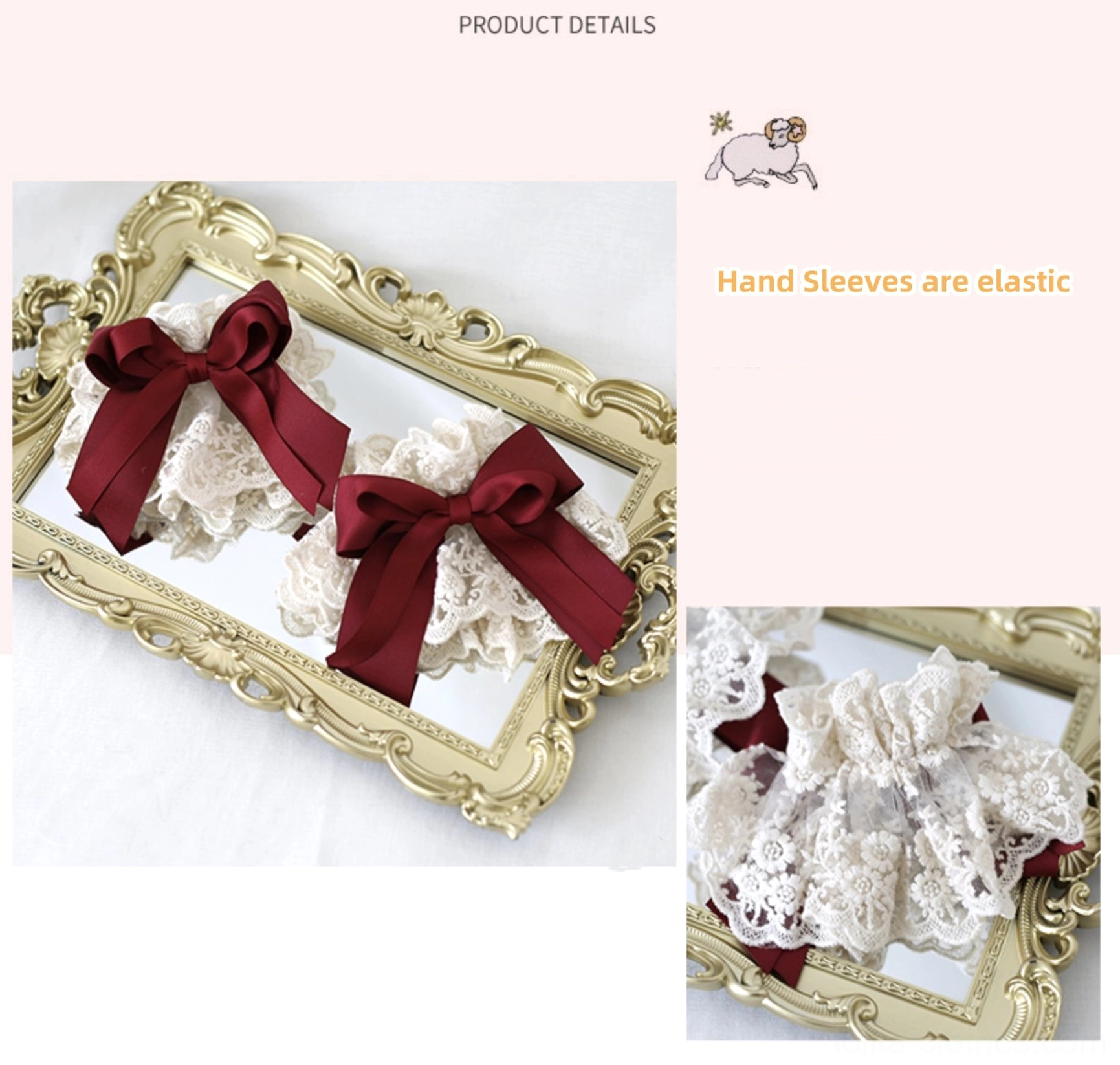 Pair of elastic lace hand sleeves lolita accessory matching dark red and white color scheme stretchable arm warmers for complete coordinate styling