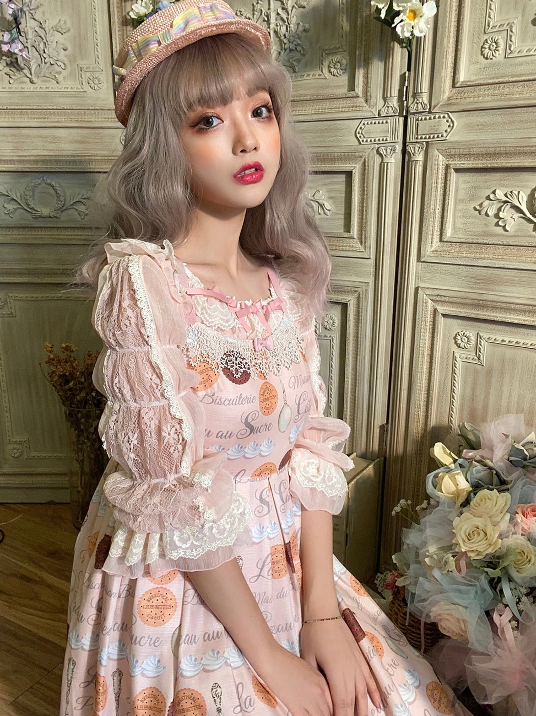 Elastic lace lolita blouse lotus root sleeve breathable comfortable all-day wear
