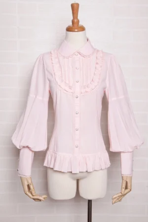 Elegant bishop sleeve chiffon Lolita blouse with Peter Pan collar, full front view on dress form showcasing gathered puff sleeves and lace-trimmed chest details