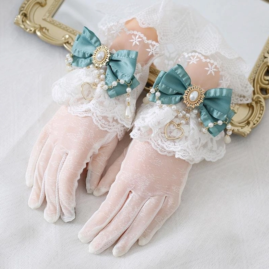 Elegant blue satin bow vintage lolita lace gloves with gem decor white ruffled cuffs sweet lolita pearl heart pendants