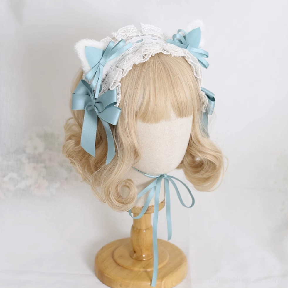 elegant blue cat ear sweet lolita headband with classic jewel tone satin bows white lace trim display
