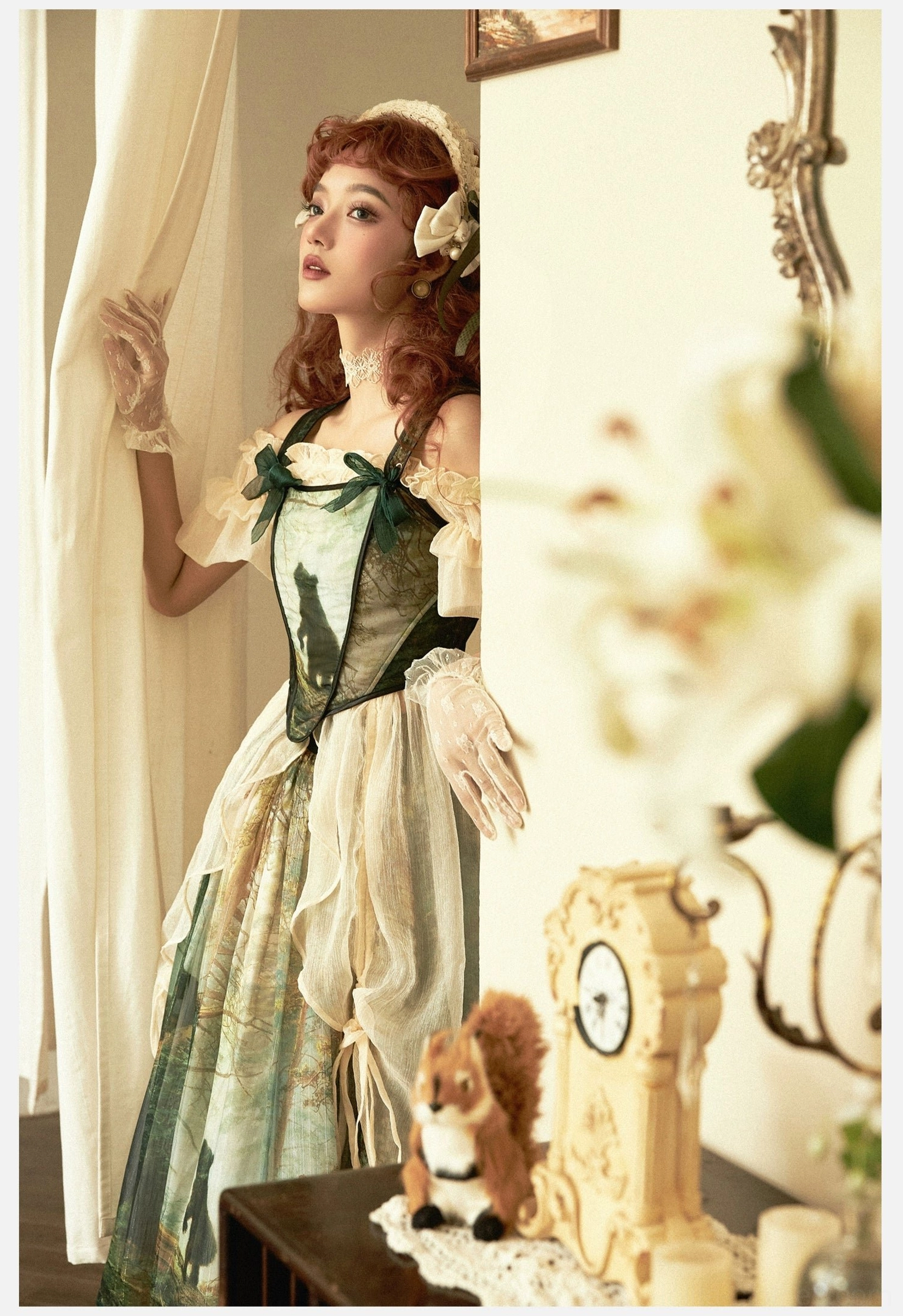 Elegant lolita bear print dress medium shot by sheer curtain fitted corset bodice layered tulle skirt