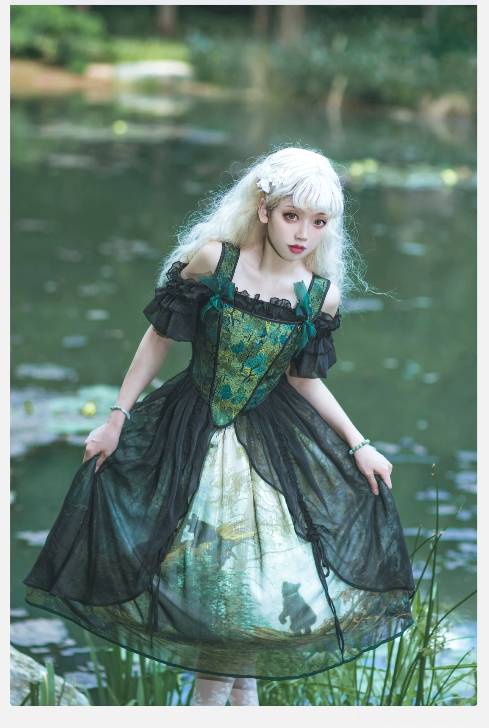 Elegant lolita bear print dress complementary lace belt gift white black color options