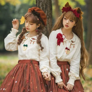 Daily elegant lolita look with brown wool berets, red bow brooches, embroidered doll collar shirts and printed brown midi skirts in outdoor forest setting