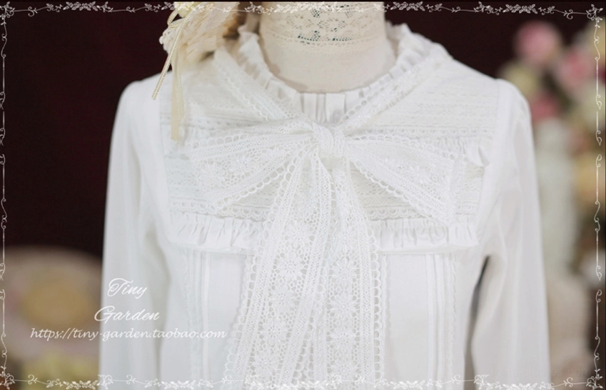 Elegant Lolita long-sleeve cotton blouse full silhouette view showcasing the complete design with ruffled collar, bow tie neckline, pin-tuck bodice details, and chiffon sleeves perfect for Victorian-inspired fashion coordinates