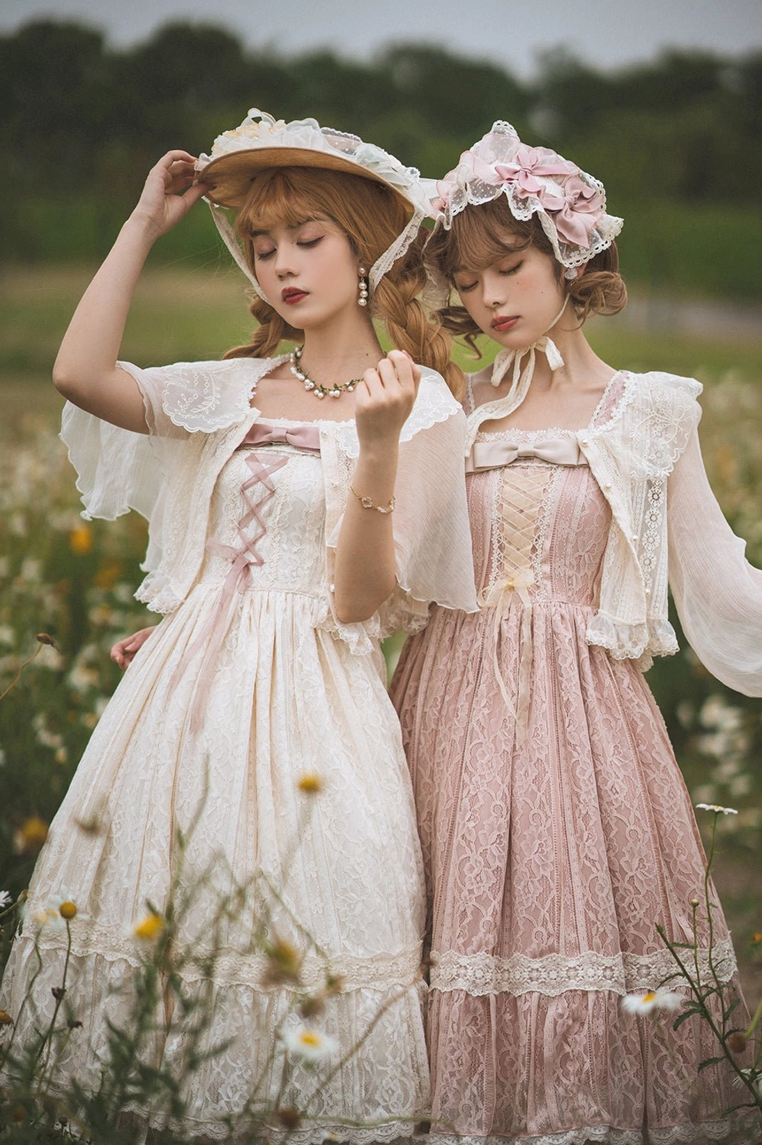 elegant retro lolita blouse styled with vintage lace accessories and flounce hemline outdoor fashion