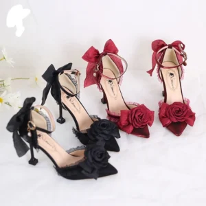Lolita camellia bow high heel shoes in burgundy and black pointed toe stiletto options with mesh bow details and ankle strap buckle