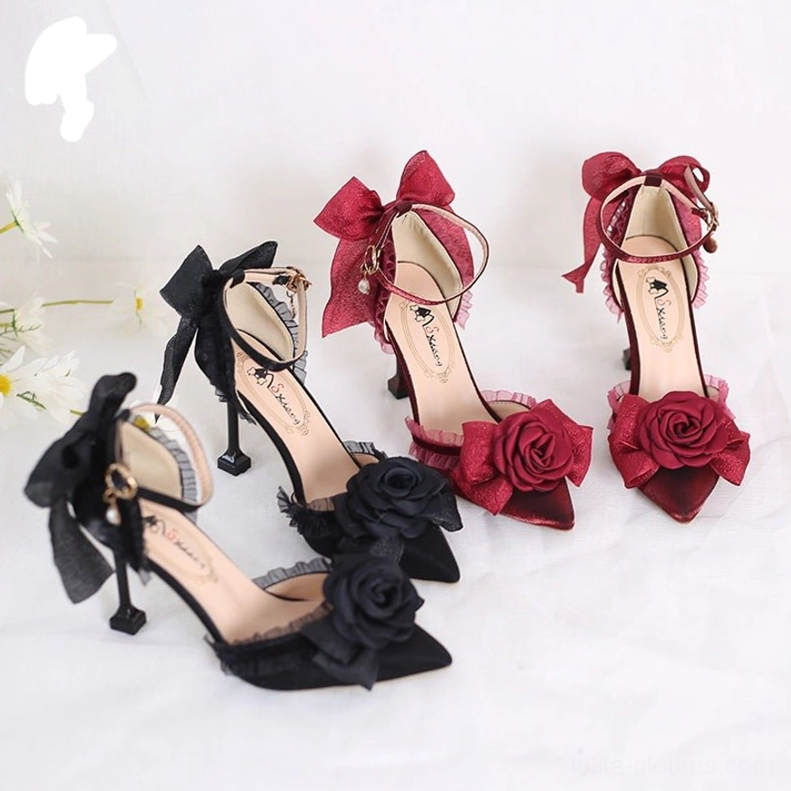 Lolita camellia bow high heel shoes in burgundy and black pointed toe stiletto options with mesh bow details and ankle strap buckle