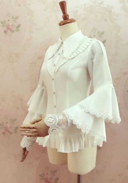 Elegant lolita chiffon blouse white three-quarter front right view tiered lace bell sleeves ruffled pointed collar fitted bodice